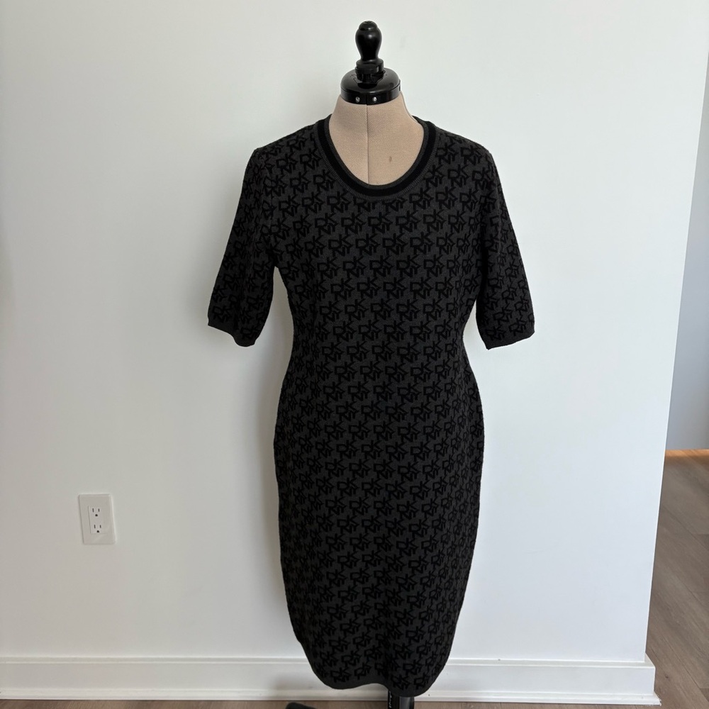 DKNY Women Sweater Dress Black Charcoal Ribbed Crewneck Monogram Short Sleeves